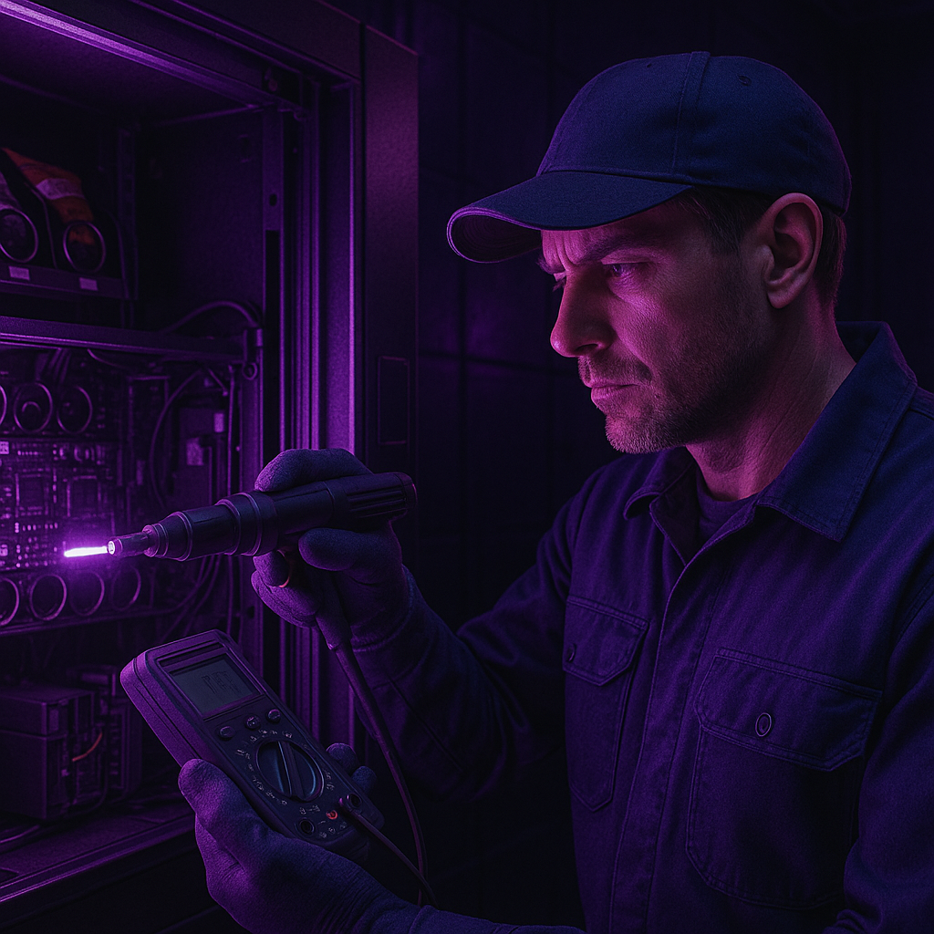 Skilled technician repairing vending machine with advanced tools