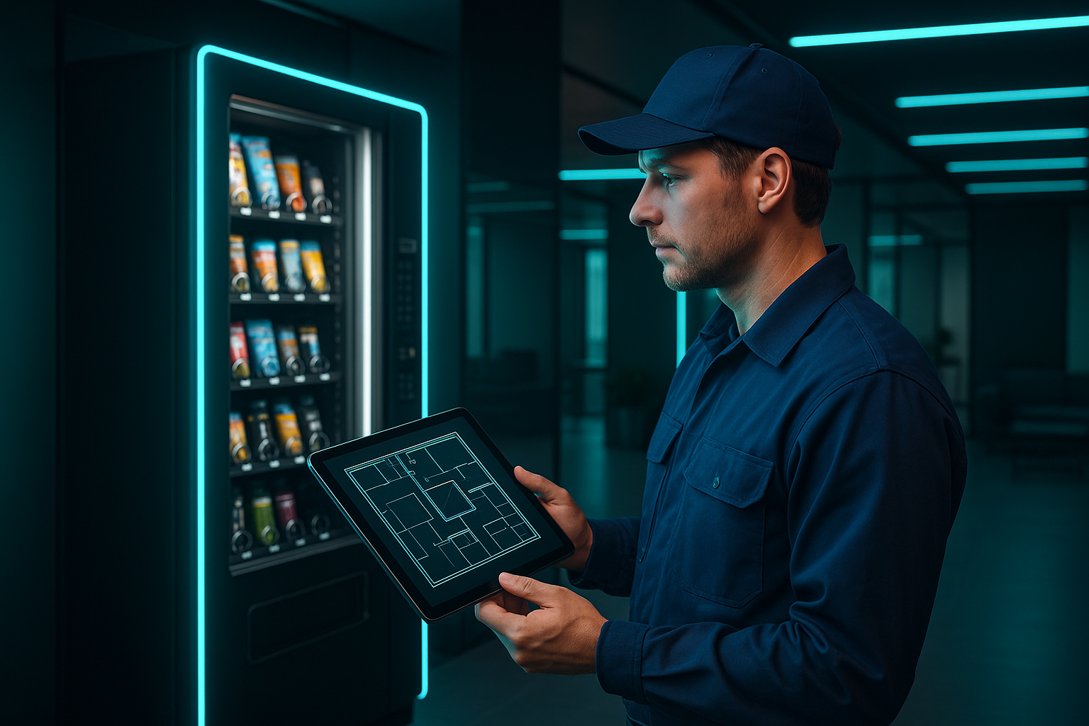 Professional technician analyzing optimal vending machine placement location