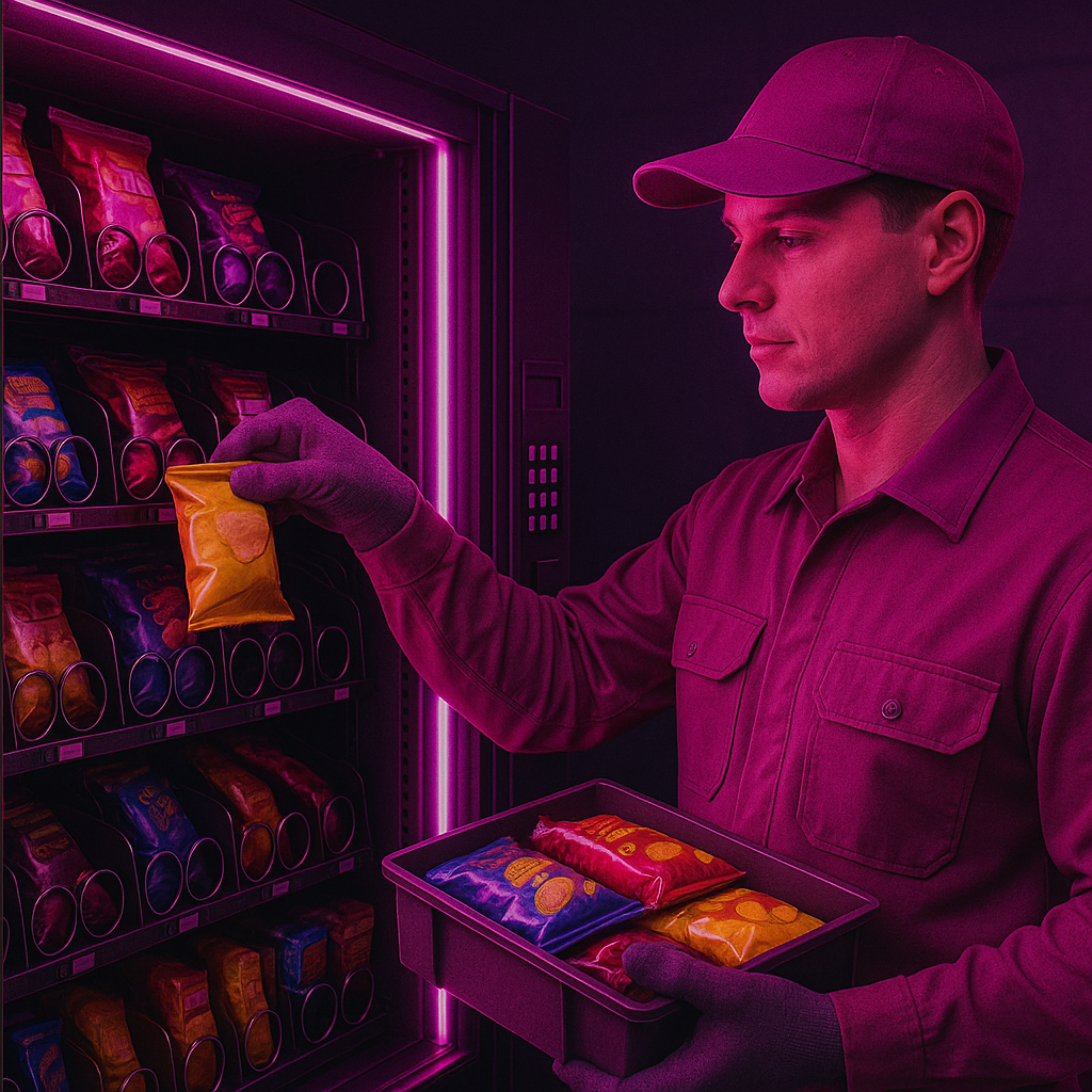 Professional person restocking vending machine with fresh products
