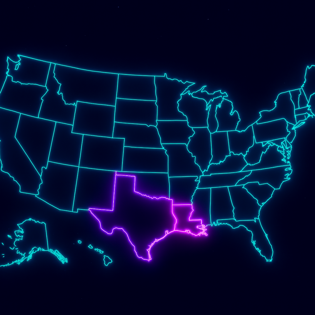 United States map with Louisiana and Texas highlighted in neon colors